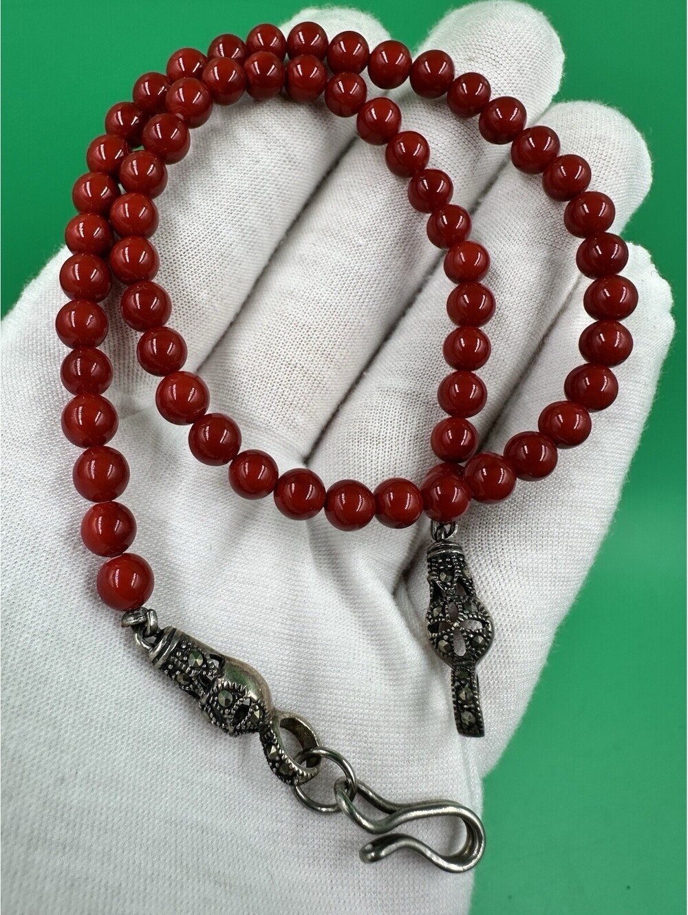 Vintage Sterling Silver Carved Red Coral/ Marcasite Necklace Or Bracelet 15”